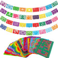 Four rows of colorful papel picado banners with various designs, plus a fanned stack of individual felt banner sheets.