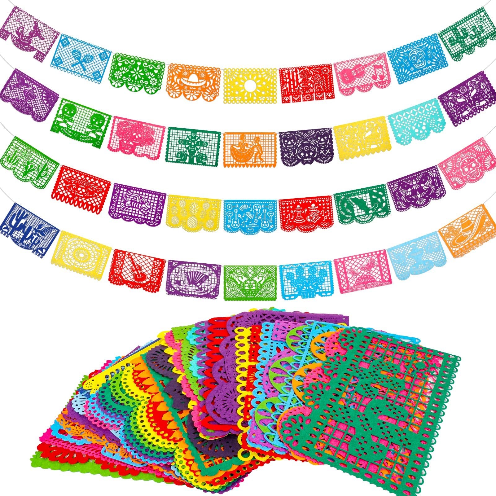 Four rows of colorful papel picado banners with various designs, plus a fanned stack of individual felt banner sheets.