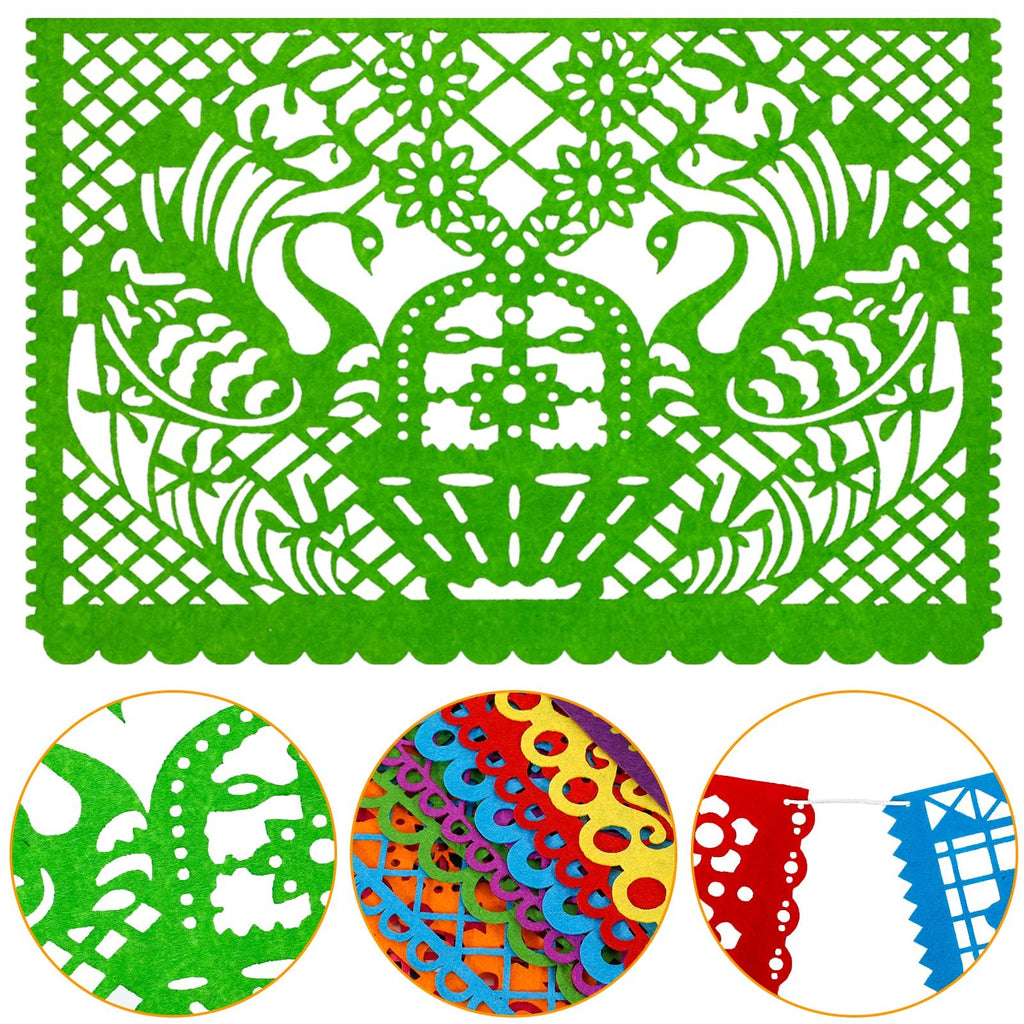 Green felt Papel Picado banner with swan and floral designs, shown with close-ups of designs and colorful felt pieces.