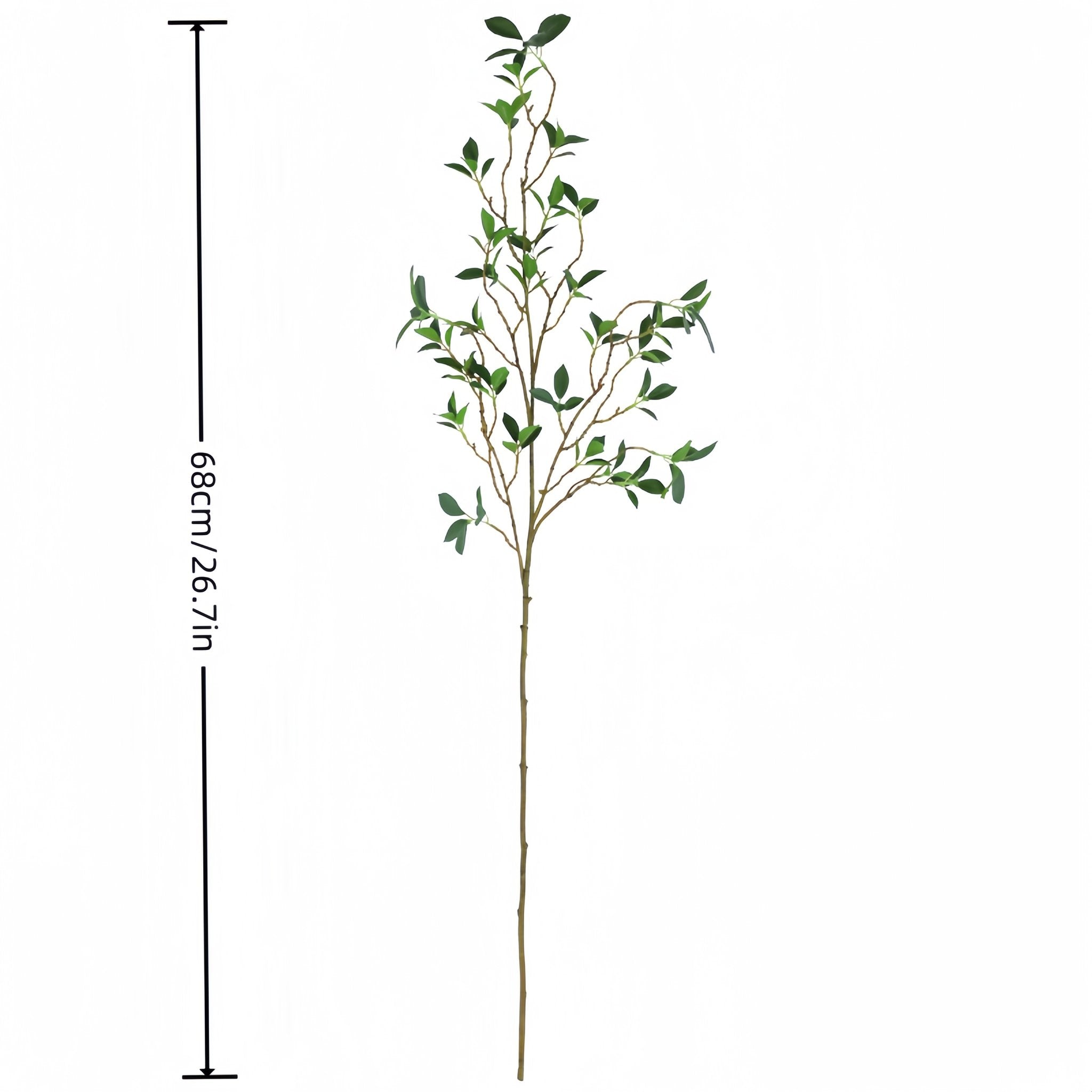 Single artificial ficus twig branch with green leaves on a white background, with a height measurement of 68cm / 26.7in.