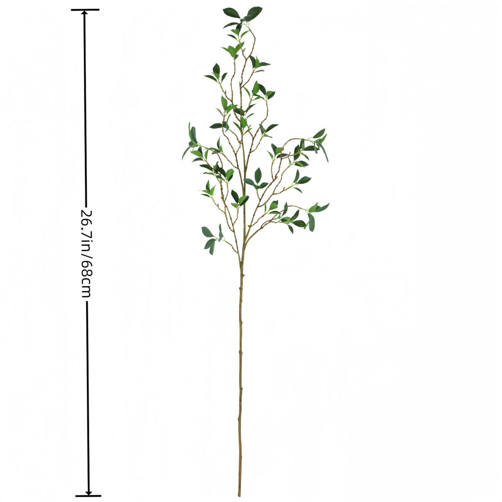 Single faux ficus twig branch with green leaves on a white background, showing height measurement.