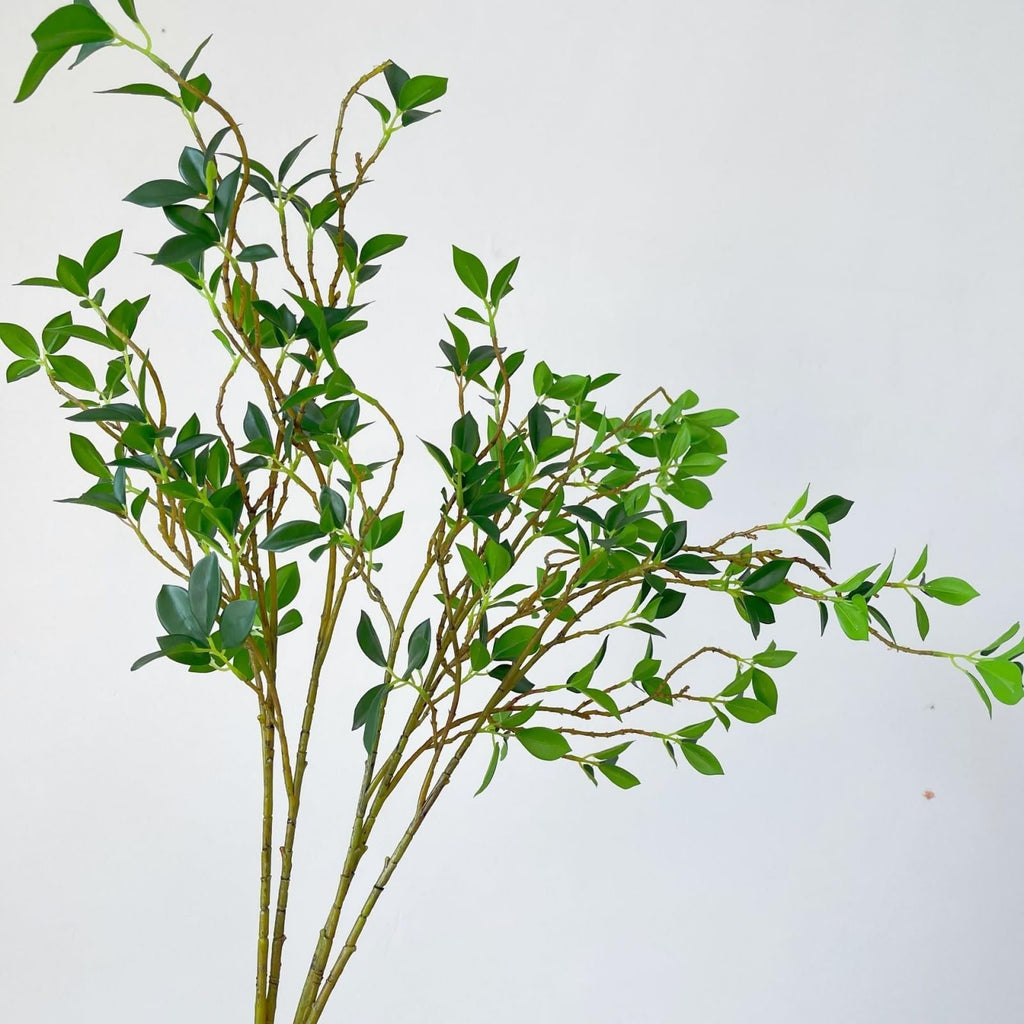 Four artificial ficus twig branches with green leaves against a white background, shown from a close-up angle.
