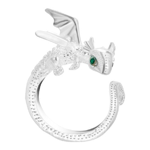Silver dragon ring with green gemstone eyes, shown on a white background.