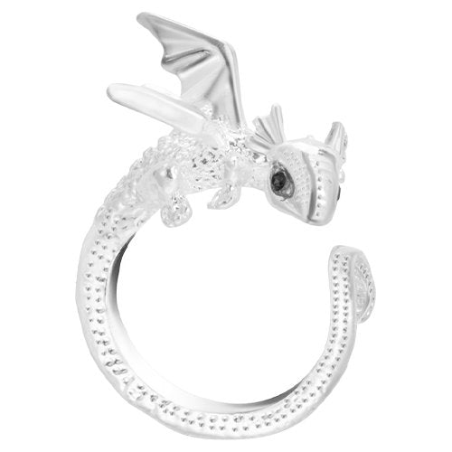 Silver dragon ring with textured body and wings, adjustable band, on a white background.
