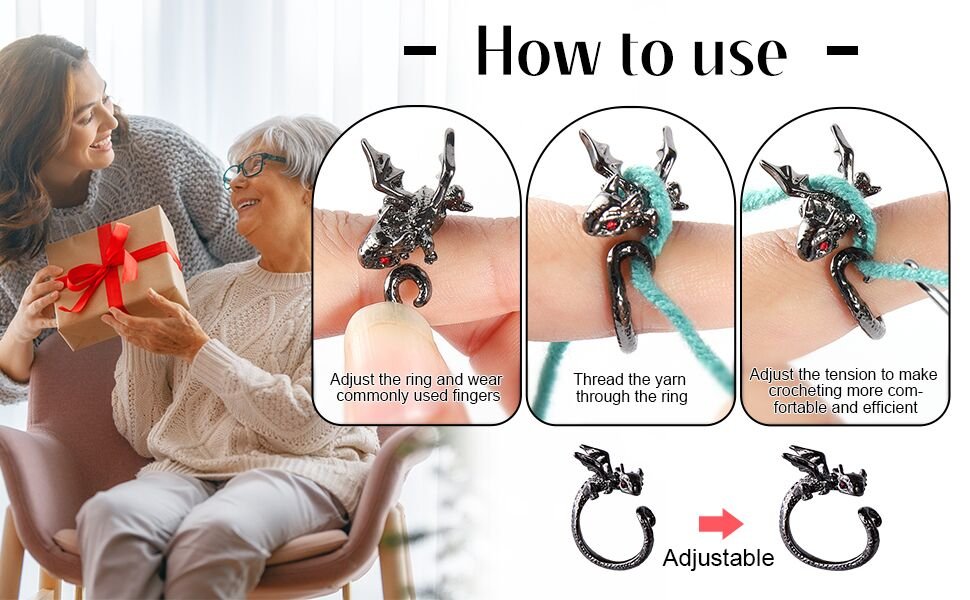 Two women exchanging a gift, with inset images demonstrating how to use dragon-shaped crochet yarn guide rings.