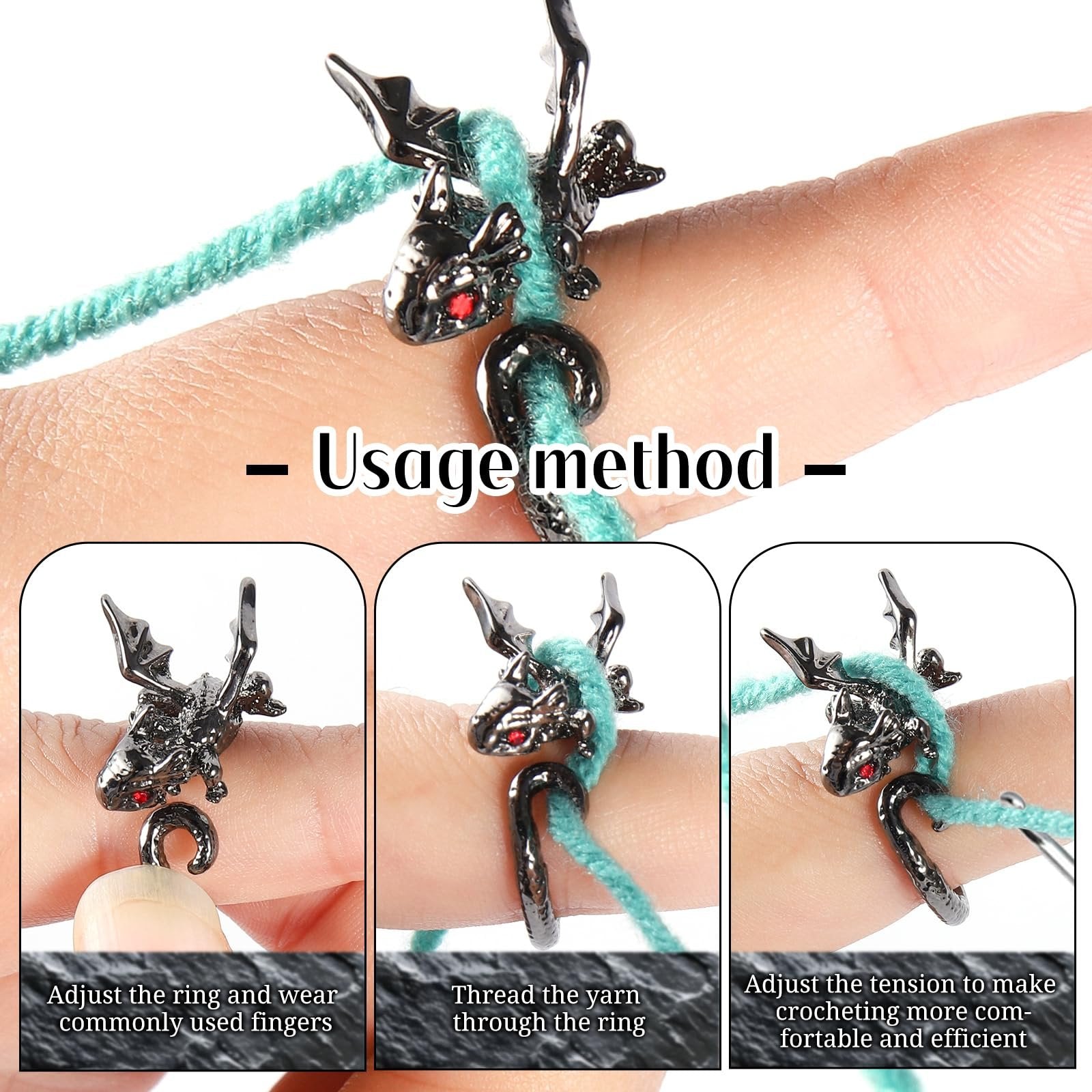 Dragon-shaped crochet ring with teal yarn shown on a finger, demonstrating usage method with three steps.