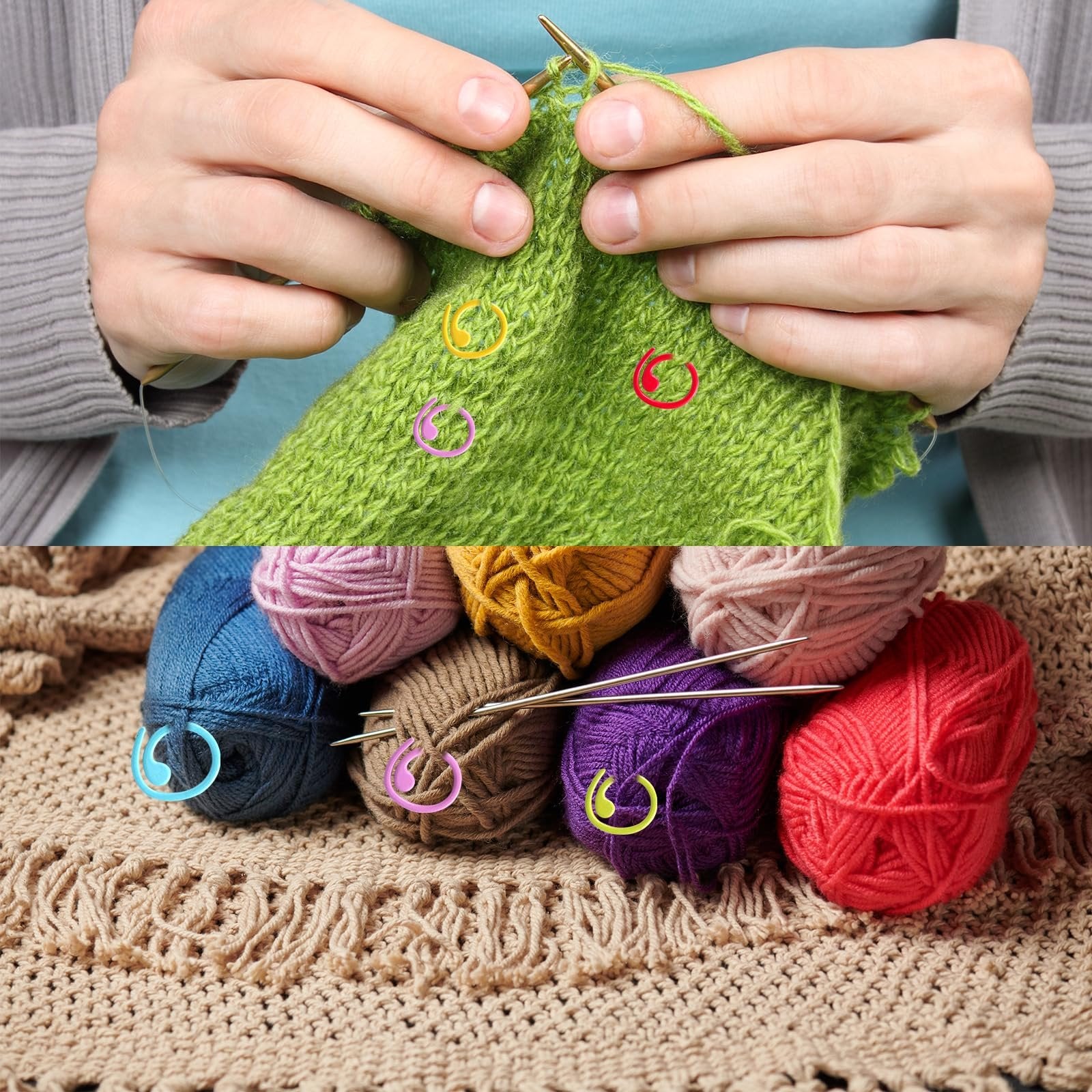 Hands knitting green yarn with colorful stitch markers, and balls of yarn with stitch markers.