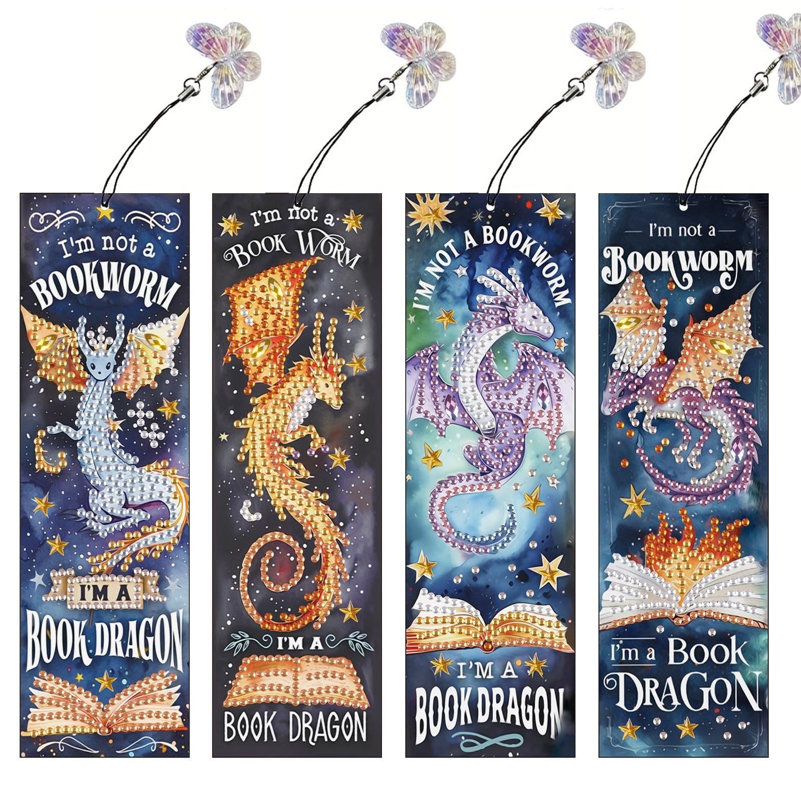 Four diamond art bookmark kits featuring dragons and open books, each with a rhinestone tassel.