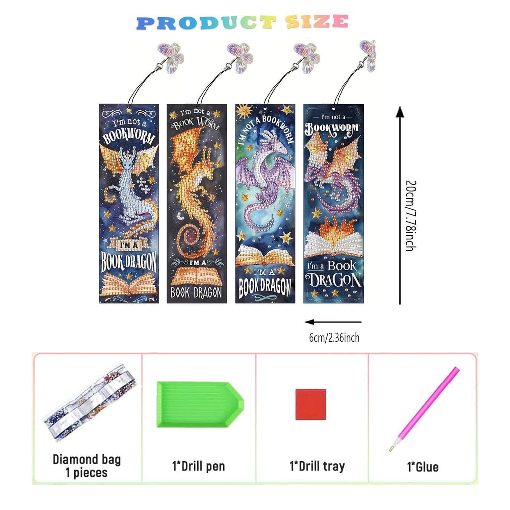 Diamond art bookmark kit with four dragon designs, showing included accessories and product dimensions.