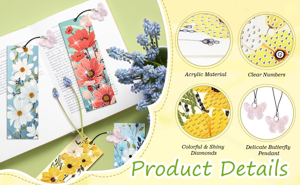 Diamond art bookmarks with floral designs and butterfly charms placed in an open book with blue flowers.