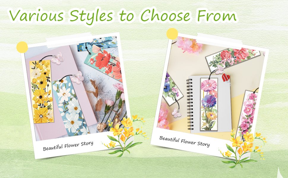 Diamond art bookmarks with floral designs displayed on notebooks and decorative paper.