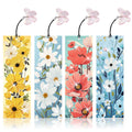 Four floral diamond art bookmarks with butterfly charms, featuring yellow, white, red, and blue flower designs.