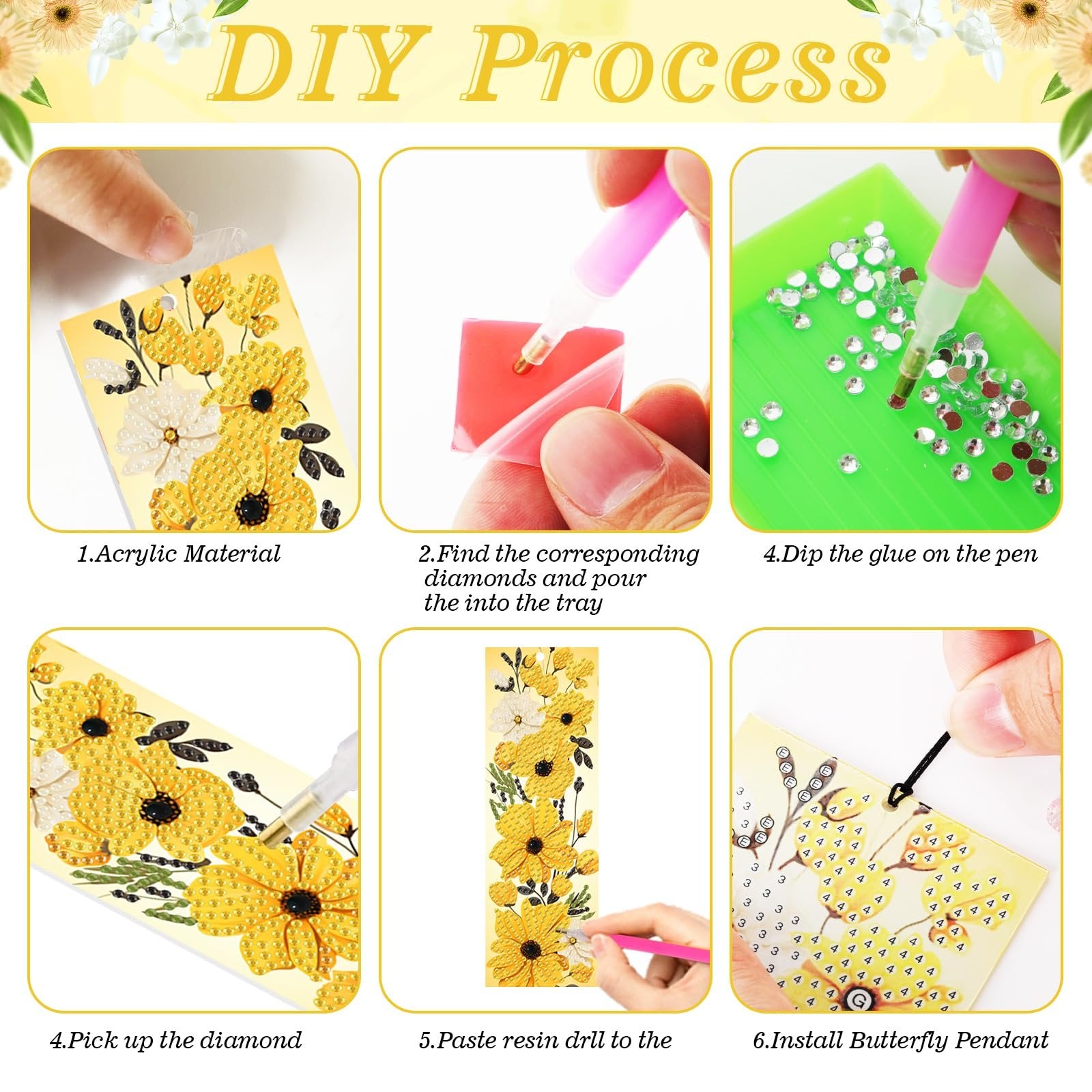 Diamond art bookmark kit process steps: acrylic material, preparing diamonds, dipping pen, picking up diamond, pasting resin, installing pendant.