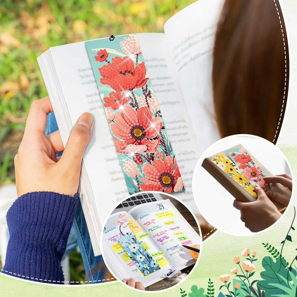 Close-up of a person holding an open book with a diamond art bookmark inserted, showing floral designs.