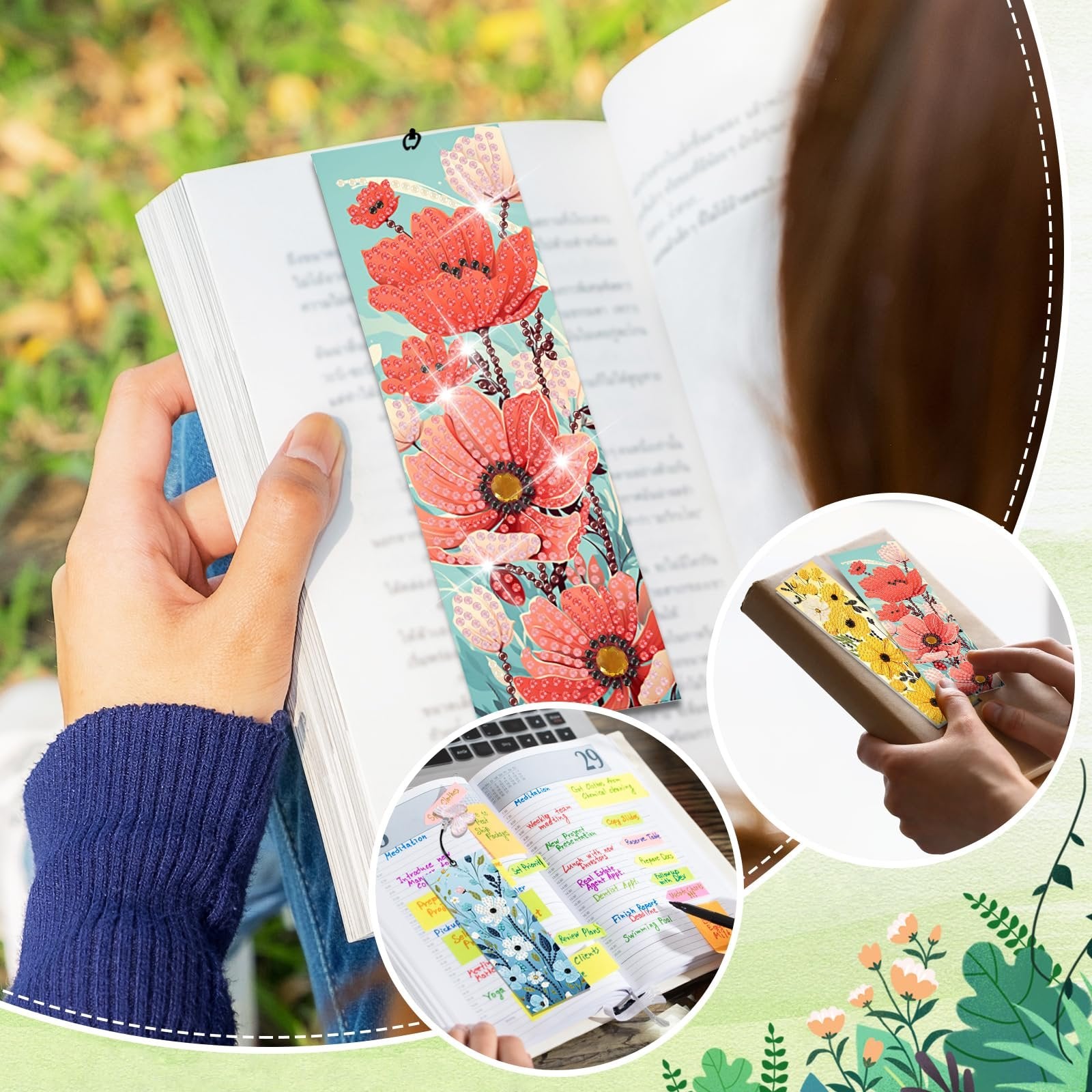 Close-up of a person holding an open book with a diamond art bookmark inserted, showing floral designs.
