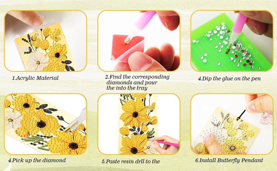 Diamond art bookmark kit instructions showing steps: acrylic material, pouring diamonds into tray, dipping pen in glue, picking up diamond, pasting resin drill, installing pendant.