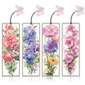 Four diamond art bookmarks featuring floral designs with butterfly charms attached.
