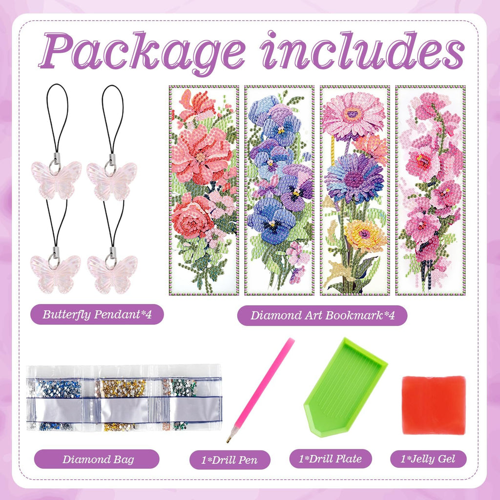 Diamond art bookmark kit contents including butterfly pendants, diamond art bookmarks, diamond bags, drill pen, drill plate, and jelly gel.