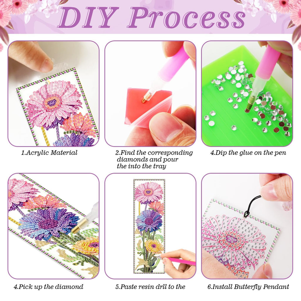 Diamond art bookmark DIY process steps showing materials, applying glue, picking up diamonds, and attaching pendant.