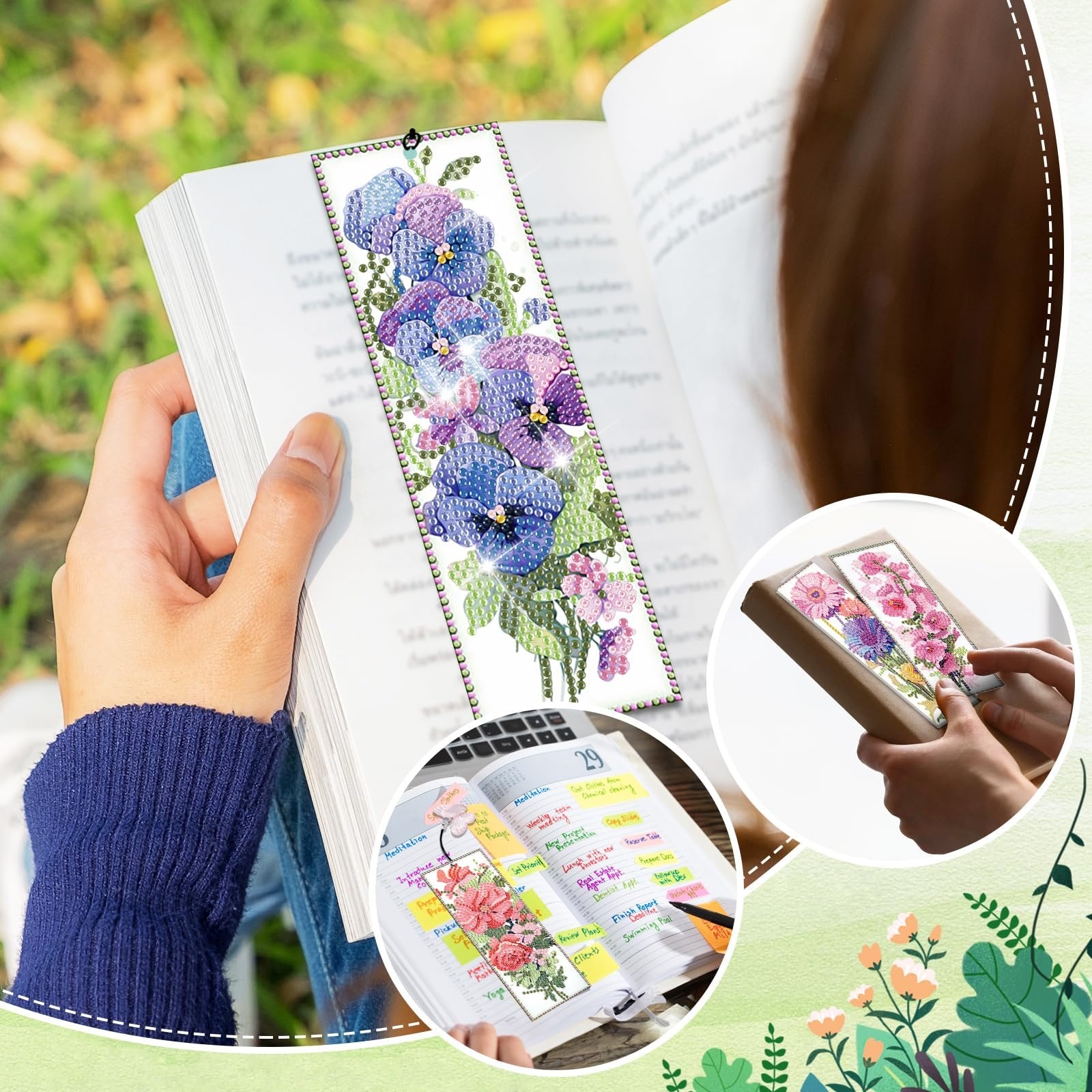 Diamond art bookmarks with floral designs being held in an open book, with inset images showing them in use.