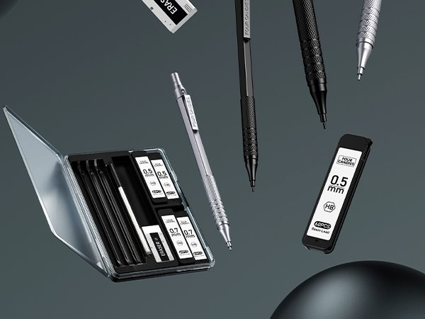 Set of mechanical pencils and refills in a case, with loose pencils and lead refills scattered around.