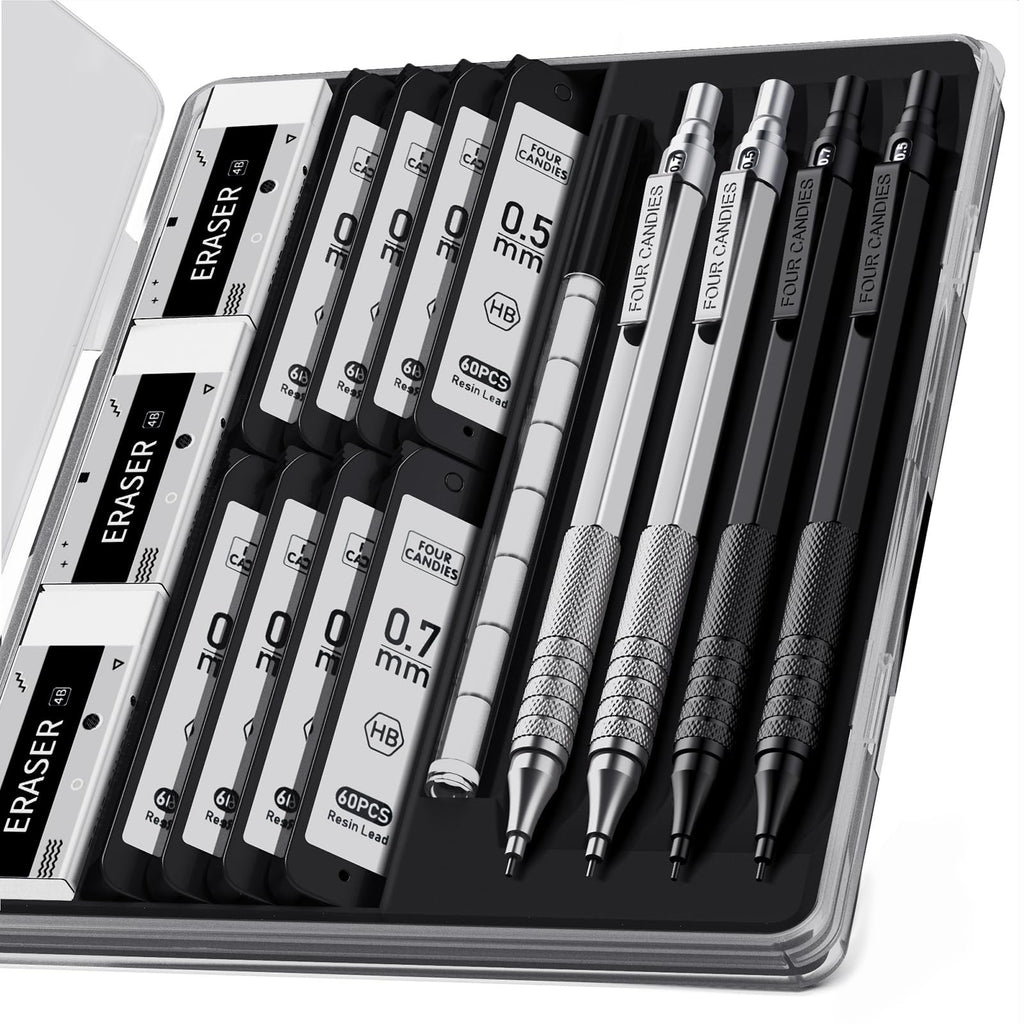 Set of mechanical pencils and erasers in a clear case, showing 0.5mm and 0.7mm lead refills and erasers.