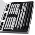 Set of mechanical pencils and erasers in a clear case, showing 0.5mm and 0.7mm lead refills and erasers.