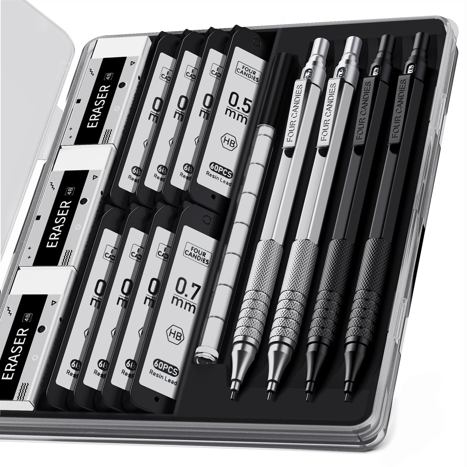 Set of mechanical pencils and erasers in a clear case, showing 0.5mm and 0.7mm lead refills and erasers.