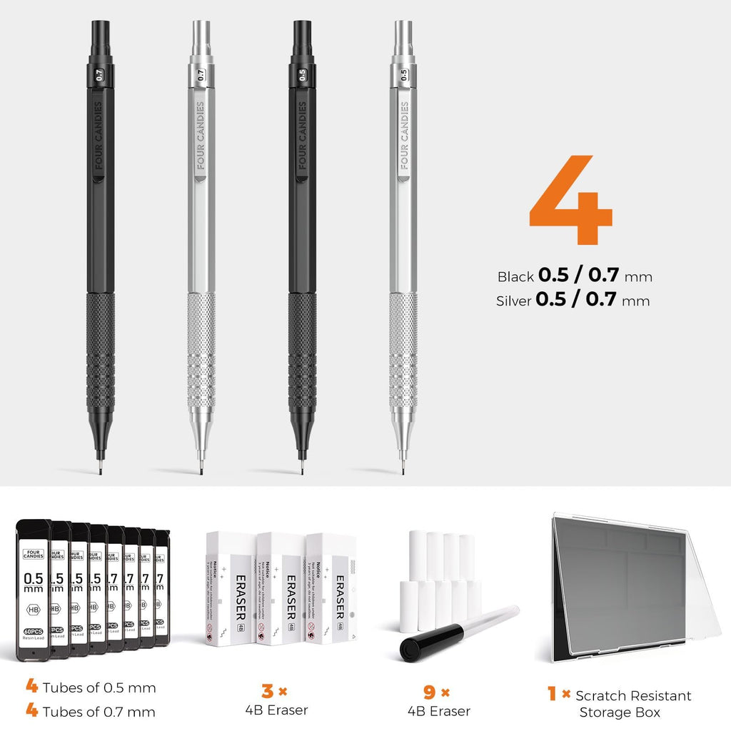 Four mechanical pencils in black and silver, with lead refills, erasers, and a storage box.