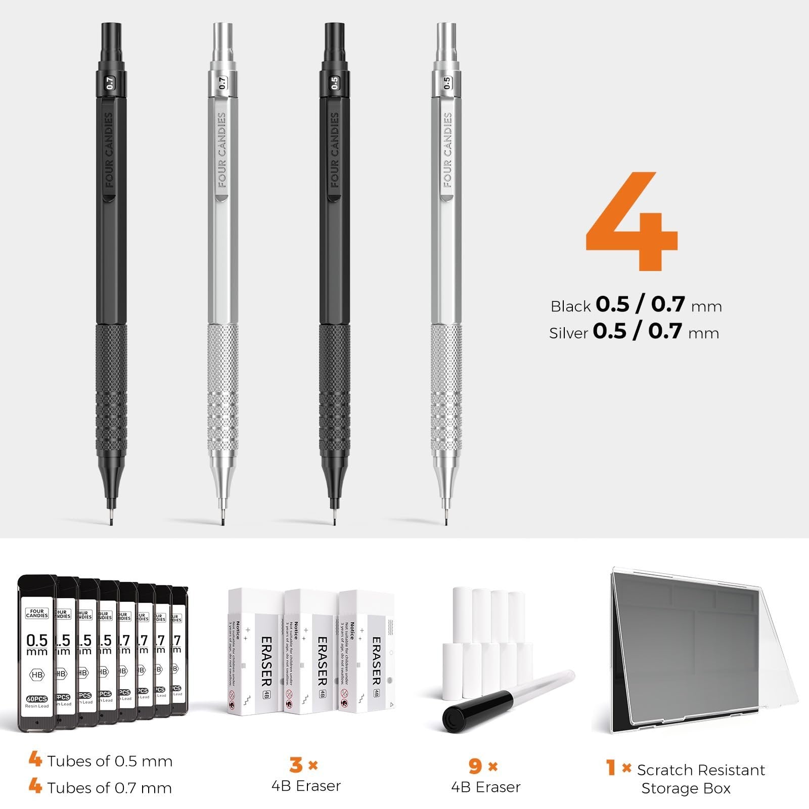 Four mechanical pencils in black and silver, with lead refills, erasers, and a storage box.