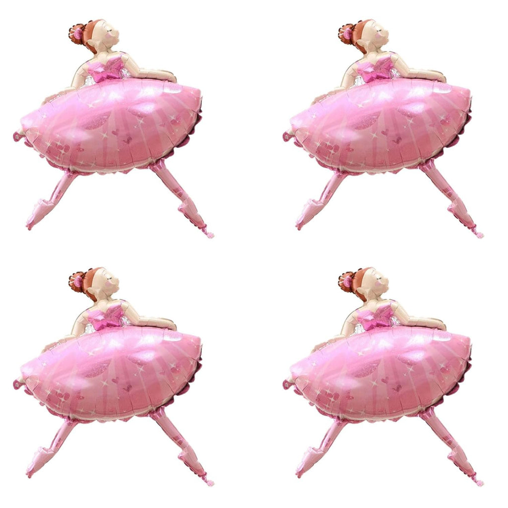 Four pink ballet dancer foil balloons arranged in a 2x2 grid on a white background.