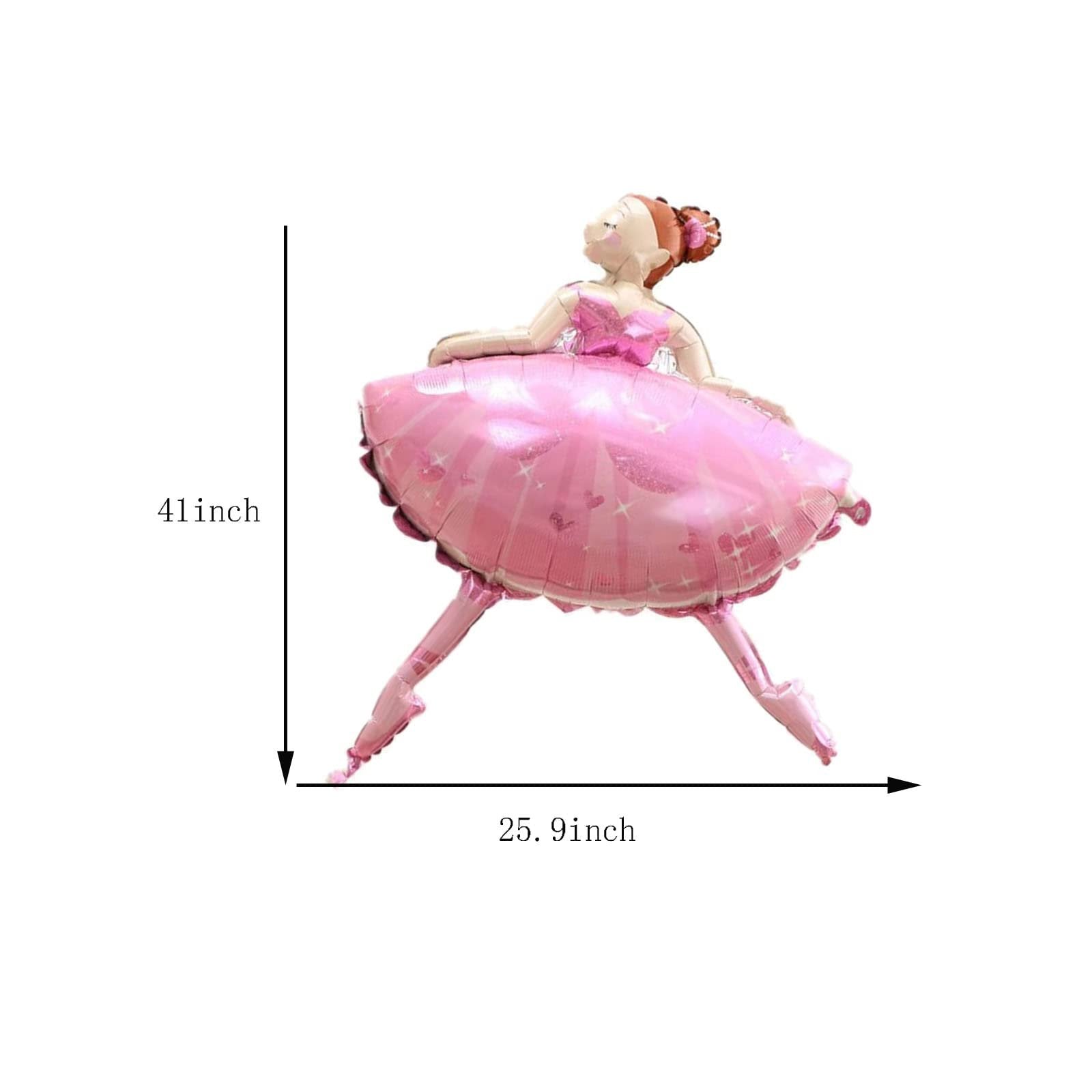 Pink ballet dancer foil balloon with dimensions 41 inches tall and 25.9 inches wide.