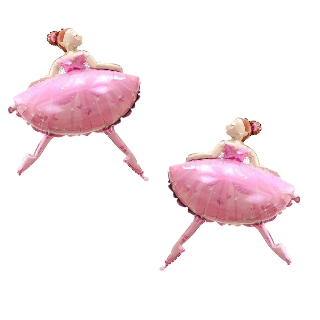 Two pink ballet dancer foil balloons with sparkly skirts and detailed hair buns, isolated on white.