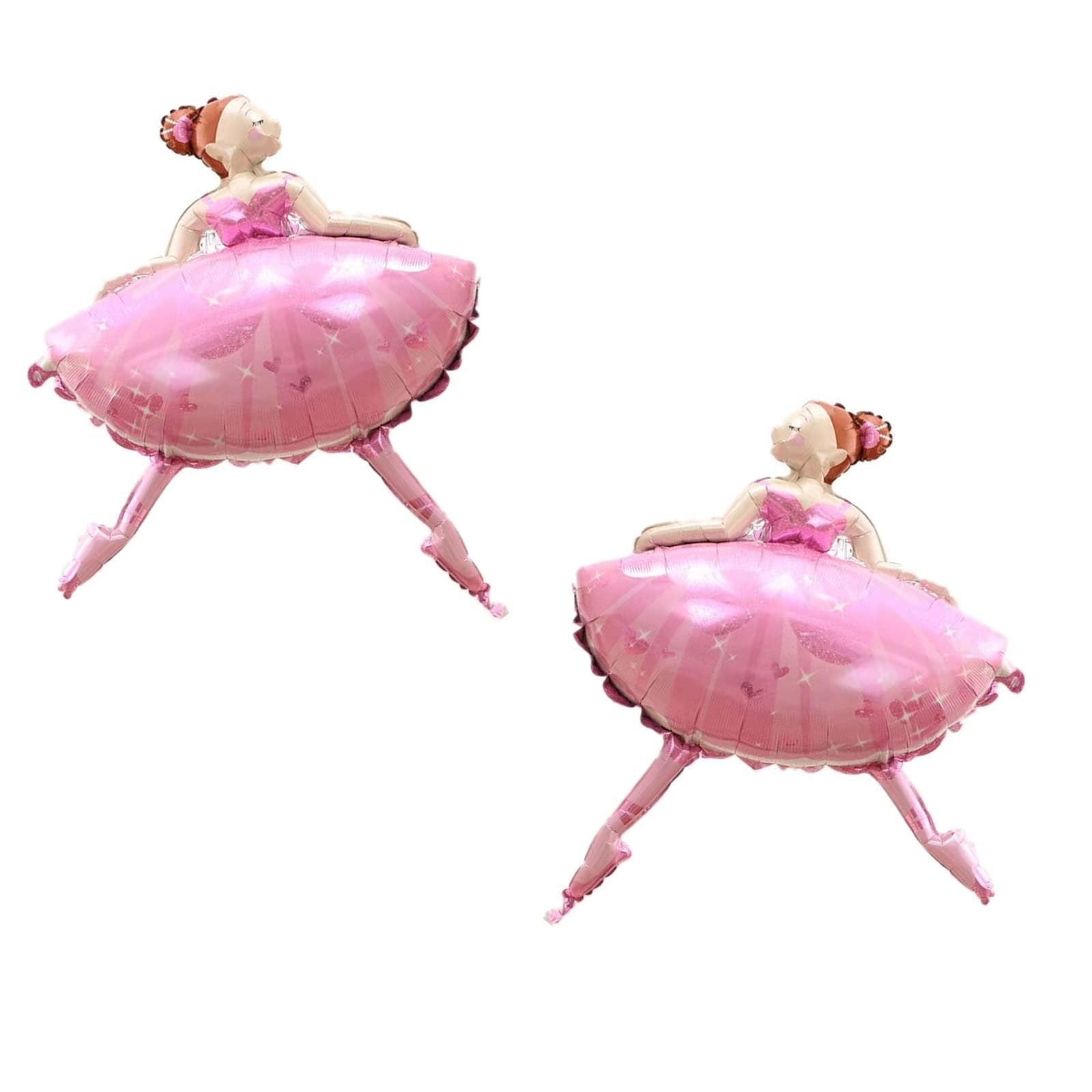 Two pink ballet dancer foil balloons with sparkly skirts and detailed hair buns, isolated on white.