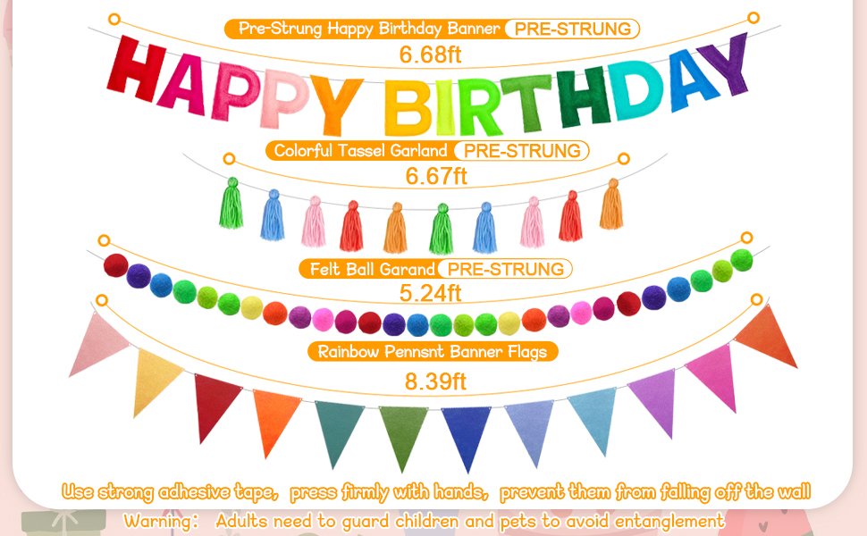 Four types of birthday banners: Happy Birthday letters, colorful tassels, felt balls, and rainbow pennant flags, with lengths indicated.