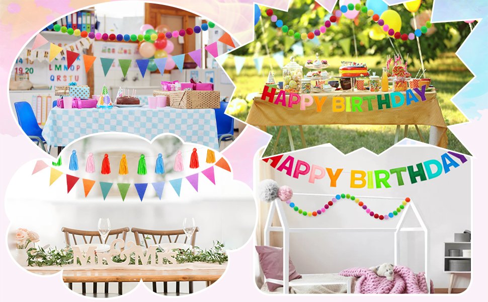 Collage of party decorations including birthday banners, felt pennant flags, and colorful pom-pom garlands.