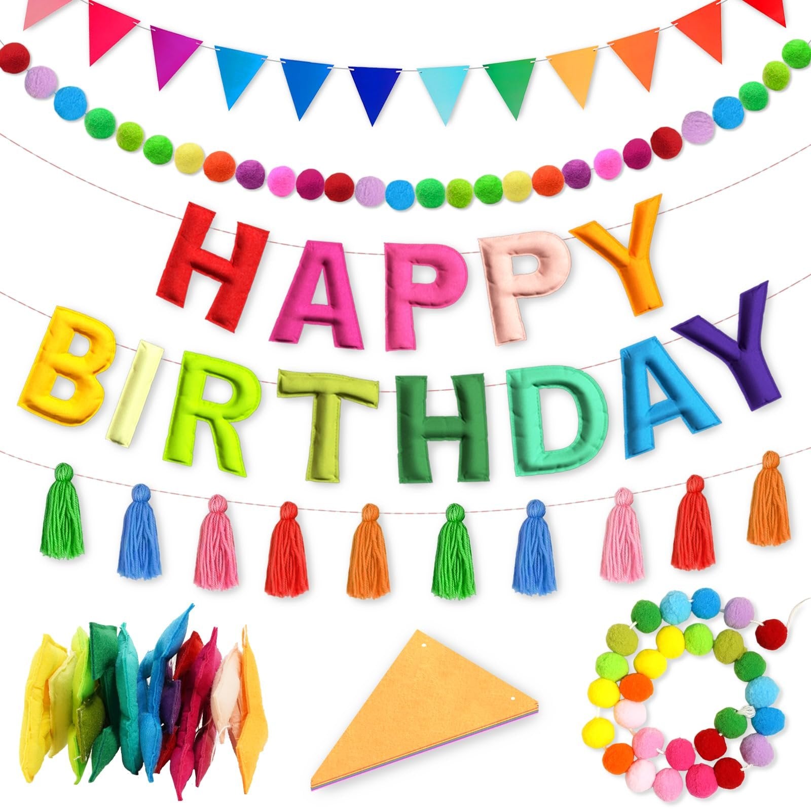 Colorful felt happy birthday banner with pennant flags, pom-pom garlands, and tassels on a white background.