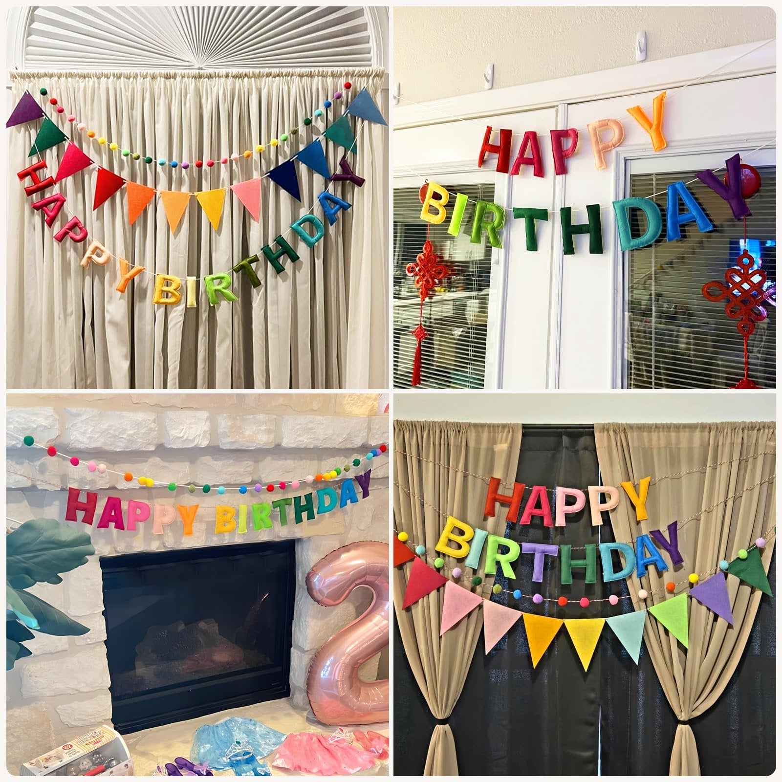 Four collage images of colorful felt birthday banners and pom-pom garlands hung against curtains and a fireplace.