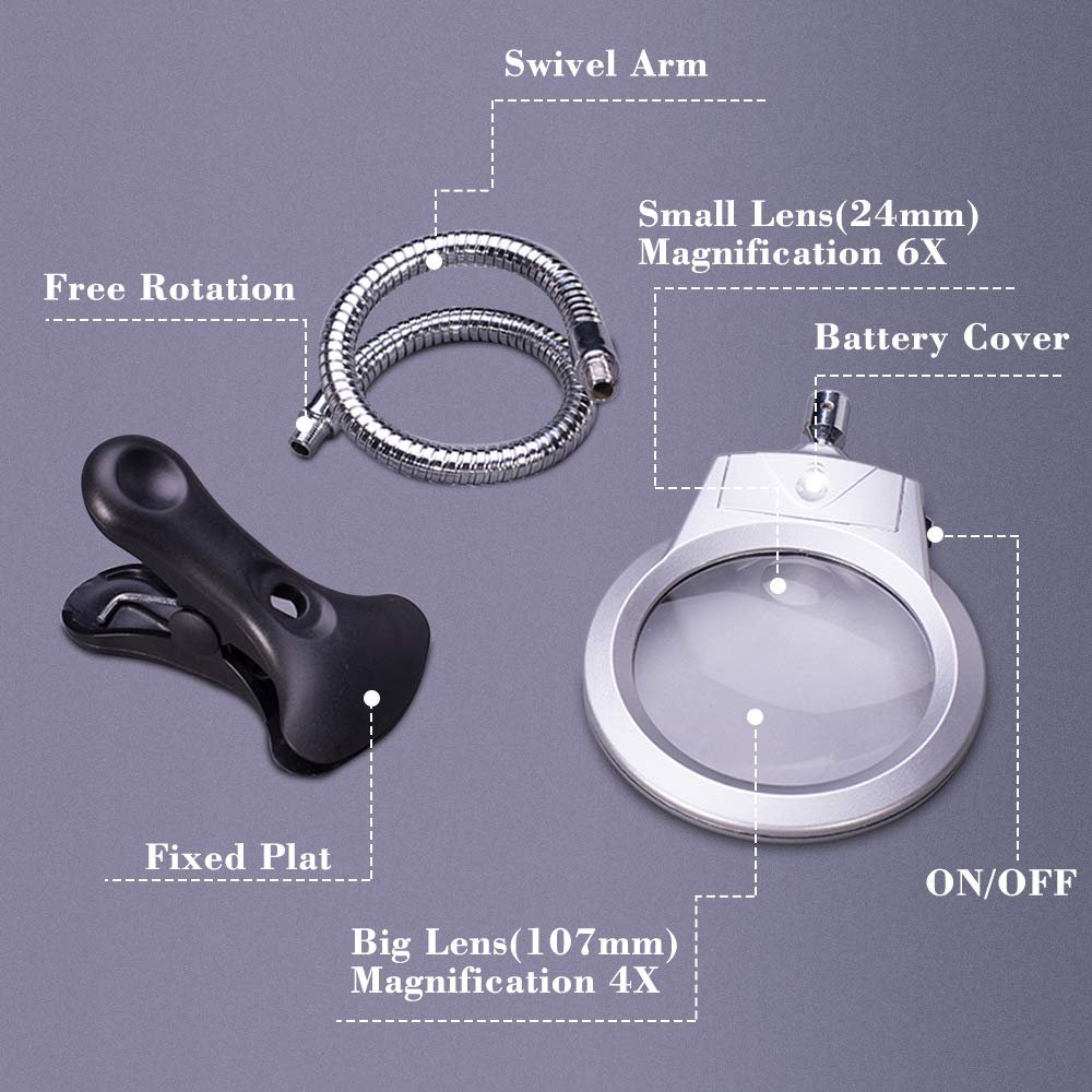 Diamond painting magnifier with clamp, showing swivel arm, battery cover, and lenses with magnification details.