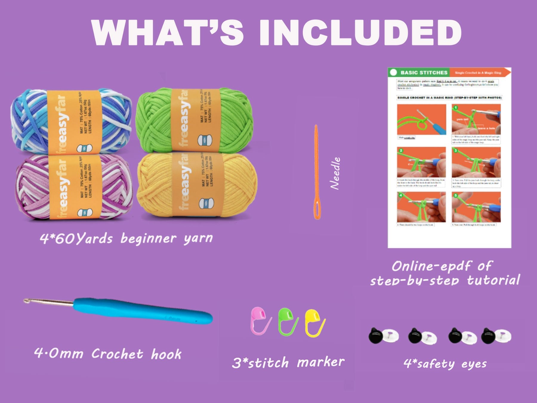 Crochet kit contents including four skeins of yarn, crochet hook, needle, stitch markers, safety eyes, and tutorial instructions.