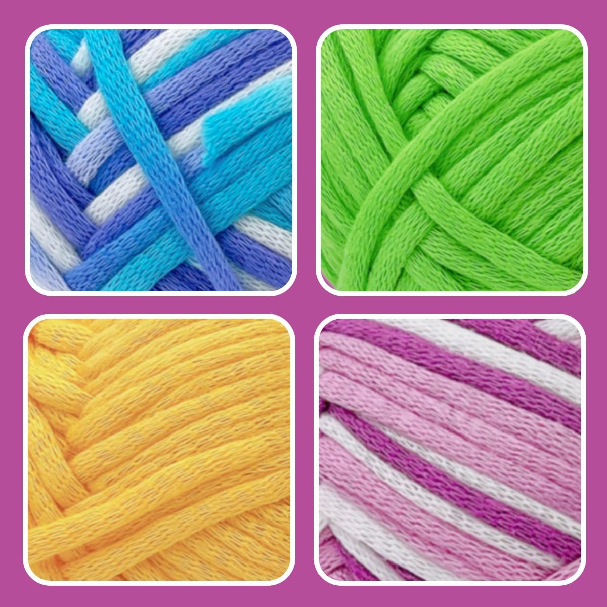 Four close-up views of colorful crochet yarn skeins: blue/purple/white, bright green, yellow, and pink/purple/white.