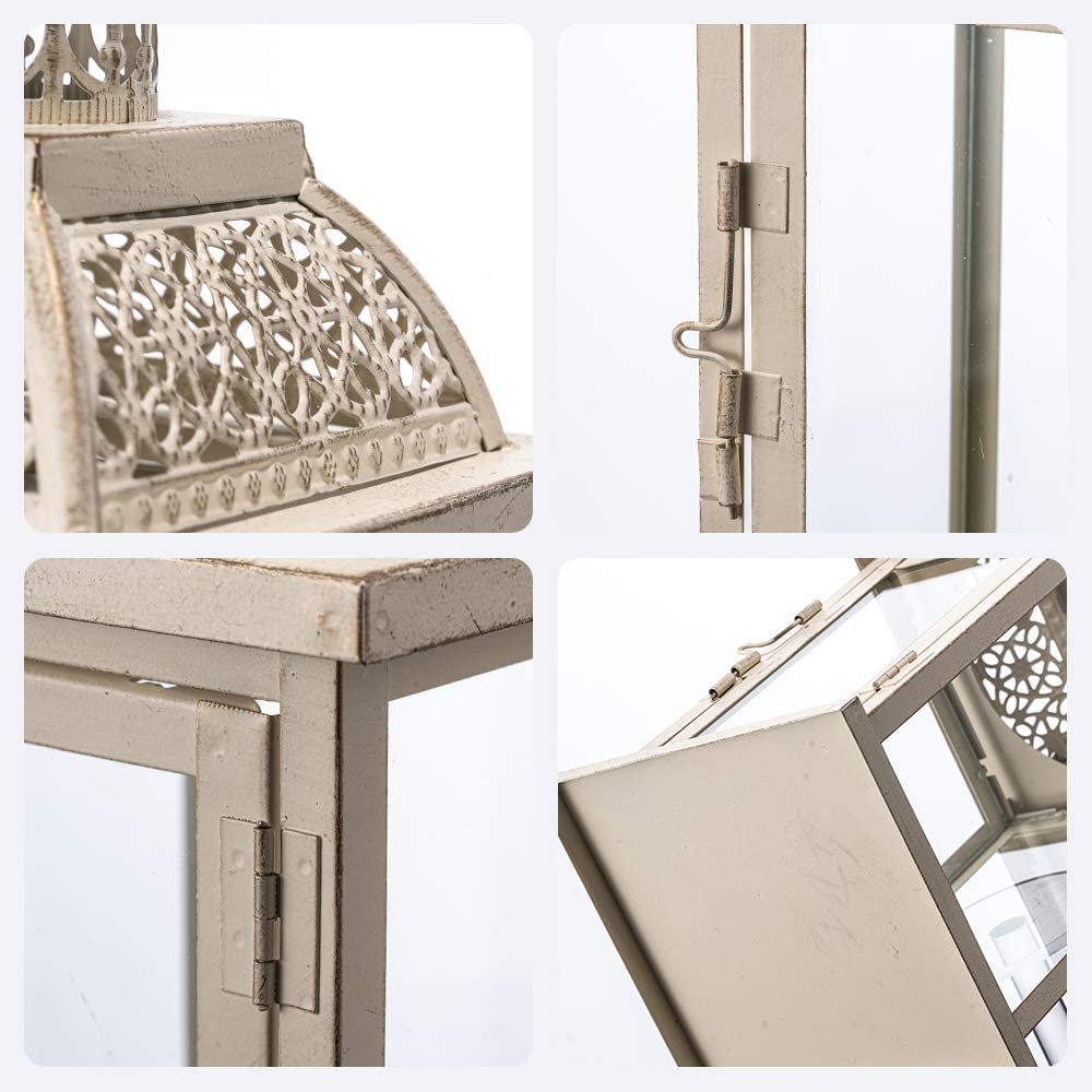 Close-up views of a white metal and glass candle lantern, showing decorative filigree, hinges, and latch.