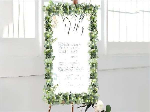 Artificial eucalyptus garland with white blooms framing a wedding welcome sign on a stand