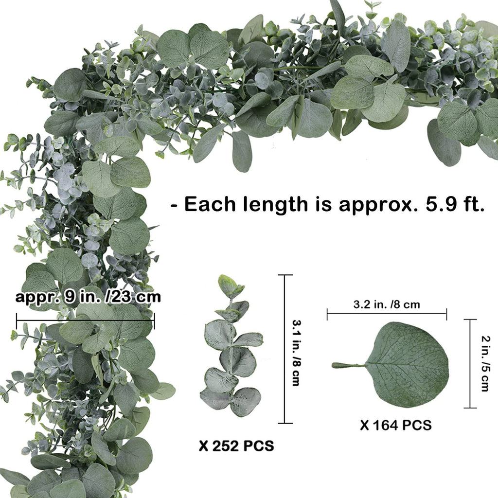 Faux eucalyptus garland with grey green silk leaves and plastic vine, showing dimensions and quantity.