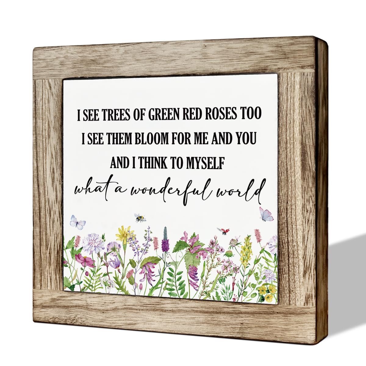 Wooden framed decorative sign with floral print and inspirational quote 'What a Wonderful World'.