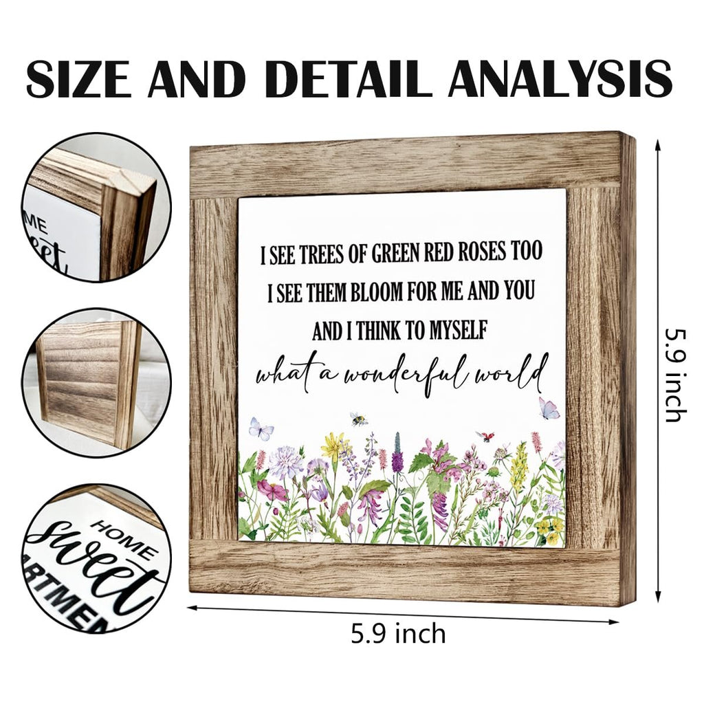 Wooden box sign with floral design and inspirational quote, showing dimensions and close-ups of the frame and a "sweet home" detail.