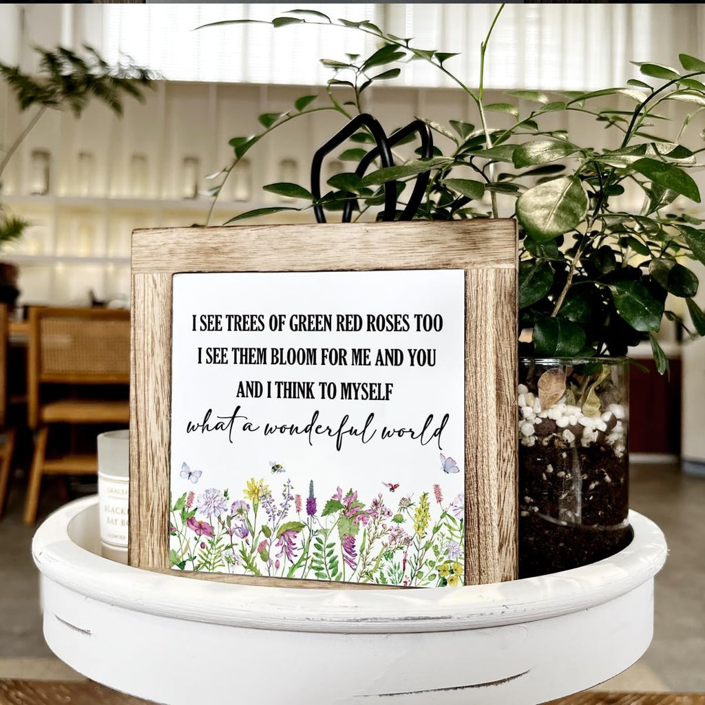Wooden box sign with floral design and inspirational quote 'What a Wonderful World' displayed on a shelf with plants.