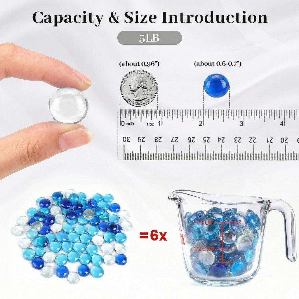 Glass marbles shown with a quarter, ruler, and measuring cup to demonstrate size and capacity.