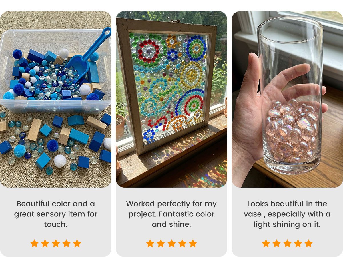 Three images showing clear flat glass marbles used in crafts and decor. Left: marbles with blue blocks and pom-poms in a bin. Middle: marbles arranged in a colorful mosaic on a window pane. Right: hand holding a glass vase filled with pinkish marbles.