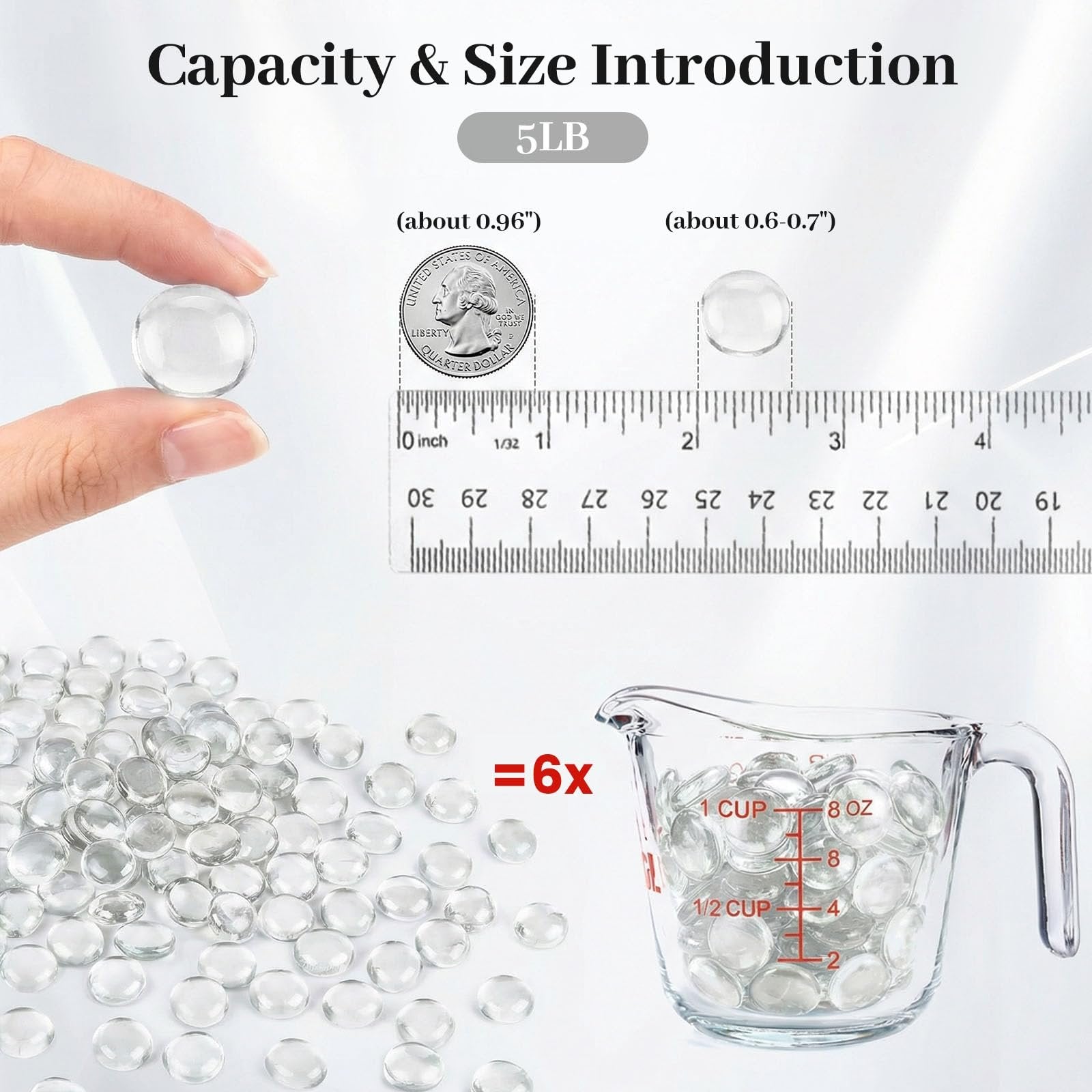 Clear flat glass marbles shown with a ruler, quarter, and measuring cup to indicate size and capacity.